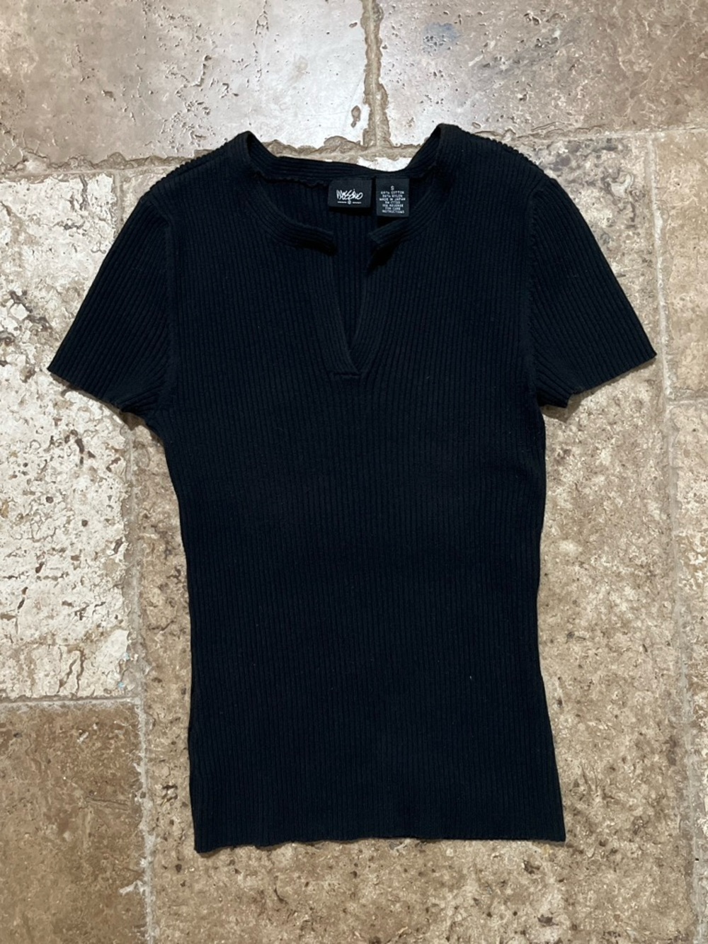 Vintage Mossimo Black Ribbed Short Sleeve V-Notch Top